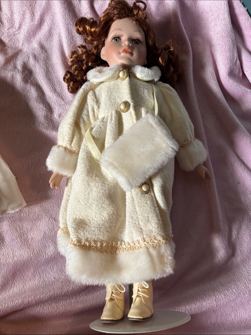 Classic Cream Winter Coat Doll with Fur Trim and Purse
